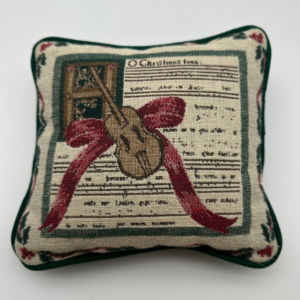 Vintage Tapestry Throw Pillow O Christmas Tree Music Violin‎ Holiday 8"x8"